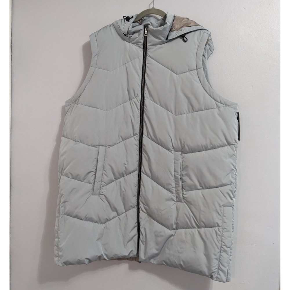 Nuage Chevron Quilted Long Puffer Vest Coat Removable Hood Blue-Gray 2X NWT